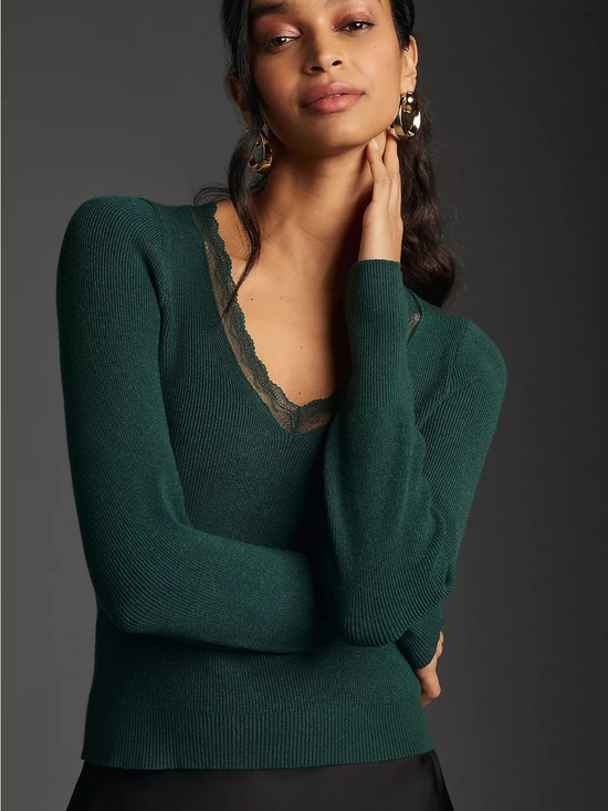Anthropologie Sweaters - Anthropologie Scallop Lace-Trim Green Long Sleeve Ribbed Sweater Size Small